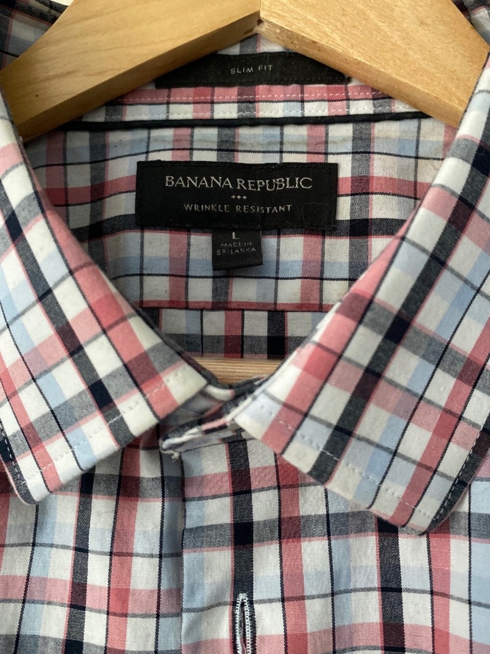 Banana Republic Slim Fit Plaid Dress Shirt Mens Large Pink Blue Wrinkle Resistan